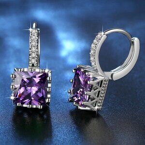 NEW 8CT Princess Cut Amethyst Diamond Hoop Earrings